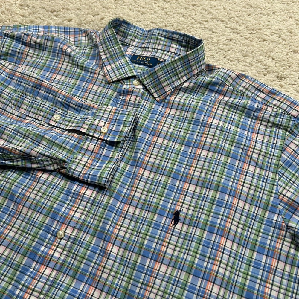 Polo Ralph Lauren Button Down Shirt 3XB Blue Green Plaid Long Sleeve Sport Shirt